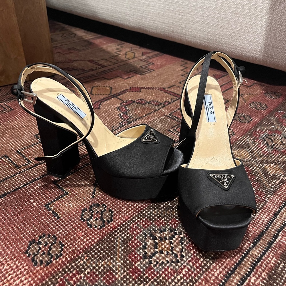 PRADA Logo Satin Platform Ankle-Strap Sandals, 37
